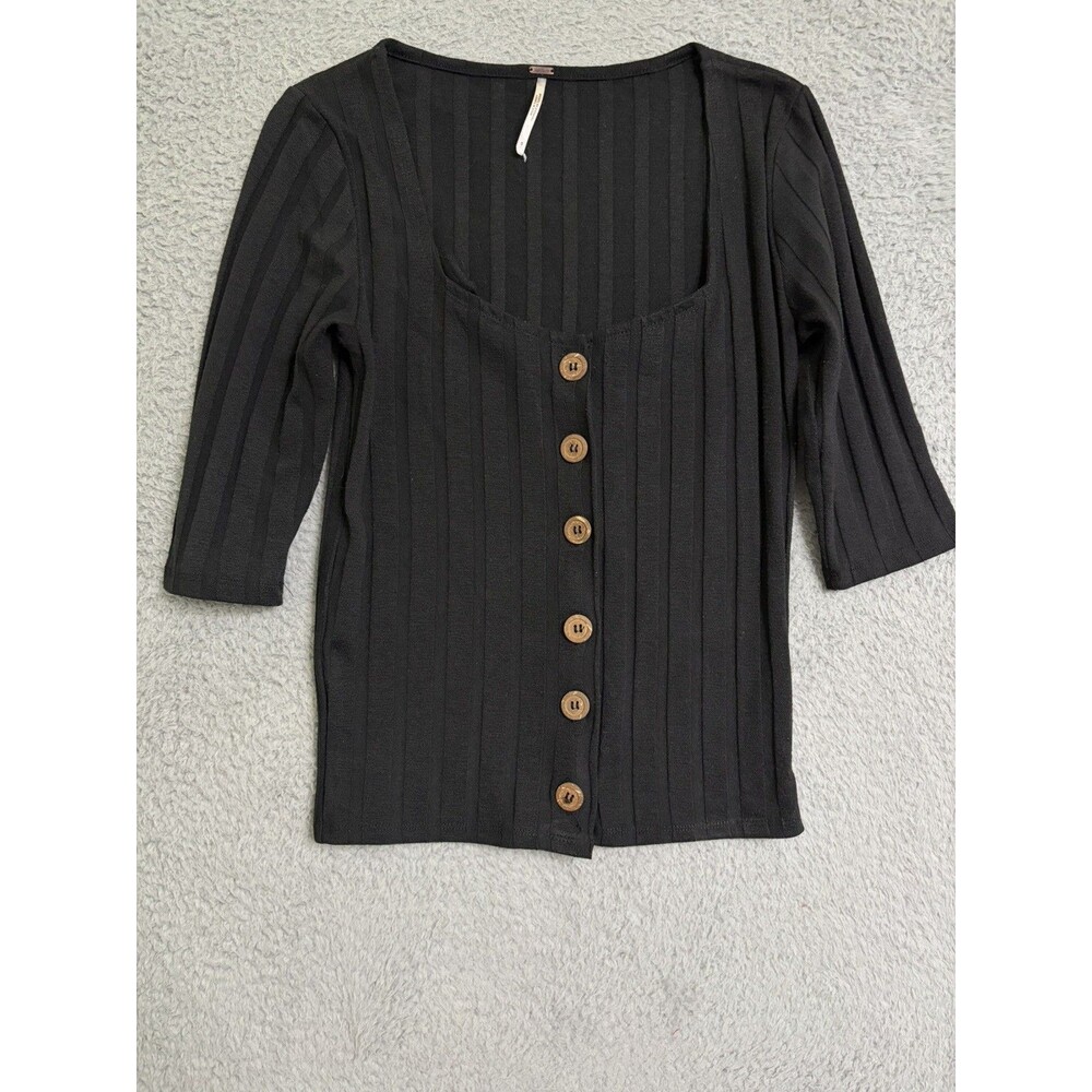 Free People Black Central Park Cardi Ribbed Top, Size S